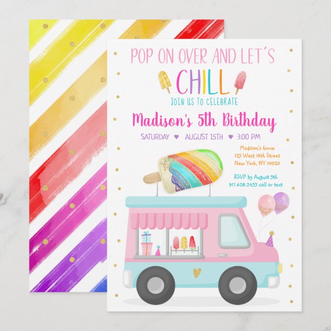Invitation Rainbow Popsicle Ice Cream Camion Anniversaire (Devant / Derrière)