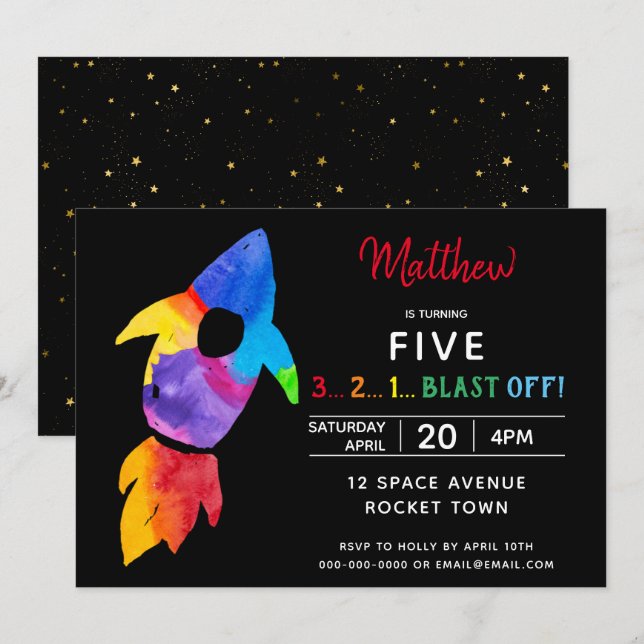 Invitation Rainbow Rocket Ship Exterspace Anniversaire (Devant / Derrière)
