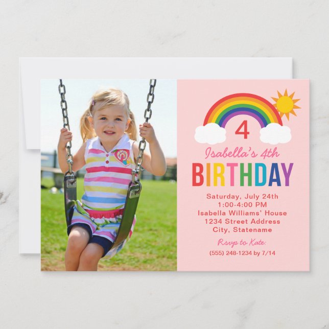 Invitation Rainbow Sky Pink Photo Girls Anniversaire Party (Devant)