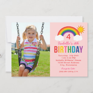 Invitation Rainbow Sky Pink Photo Girls Anniversaire Party