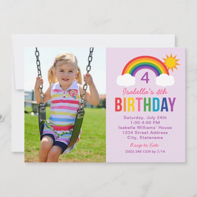 Invitation Rainbow Sky Purple Photo Girls Anniversaire (Devant)
