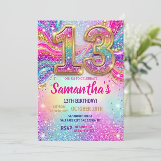 Invitation Rainbow Sparkle Glitter 13th Birthday Party (Debout devant)