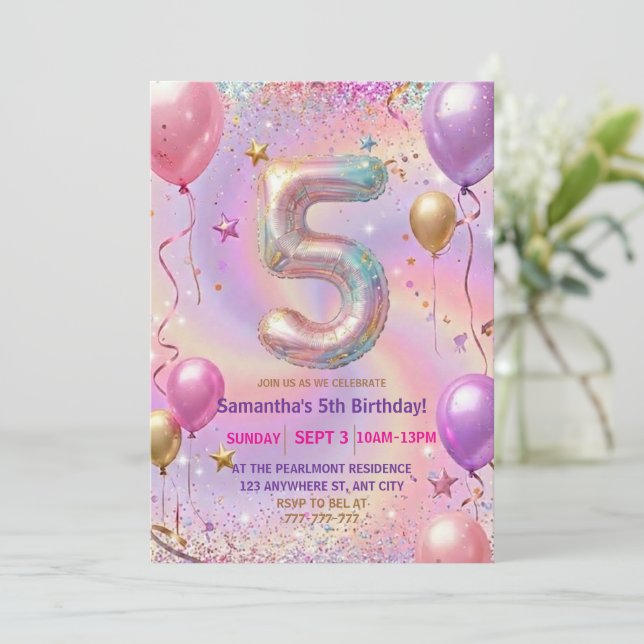 Invitation Rainbow Sparkle Glitter 5th Birthday Party (Debout devant)