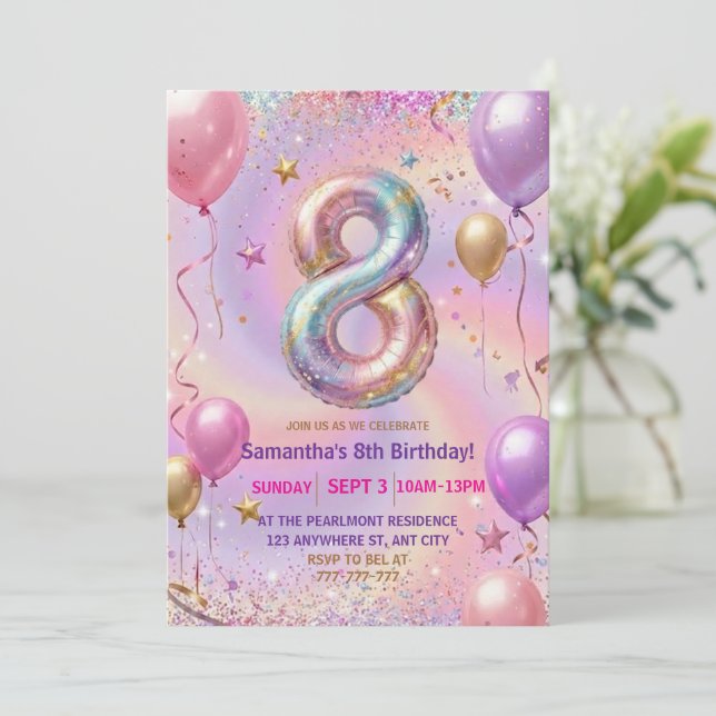 Invitation Rainbow Sparkle Glitter 8th Birthday Party (Debout devant)