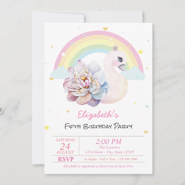 Invitation Rainbow Stars Swan Flower Anniversaire (Devant)