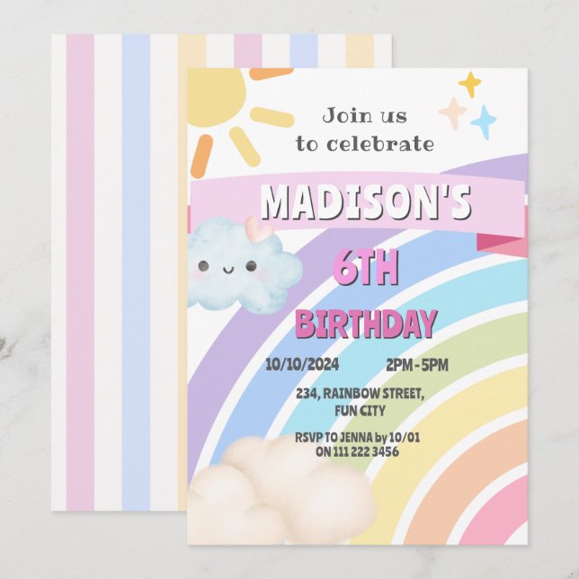 Invitation Rainbow Sun Cloud Enfants fille mignonne Kawaii An (Devant / Derrière)