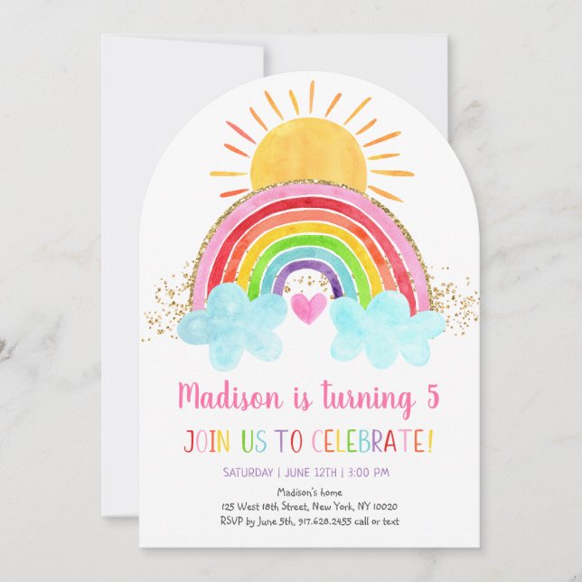 Invitation Rainbow Sunshine Rose Gold Anniversaire (Devant)