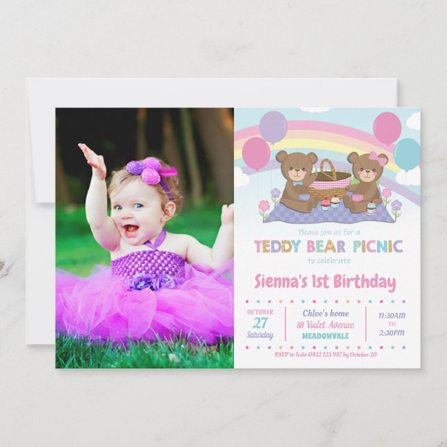 Invitation Rainbow Teddy Bear Picnic 1er Birthday Girl Photo (Devant)