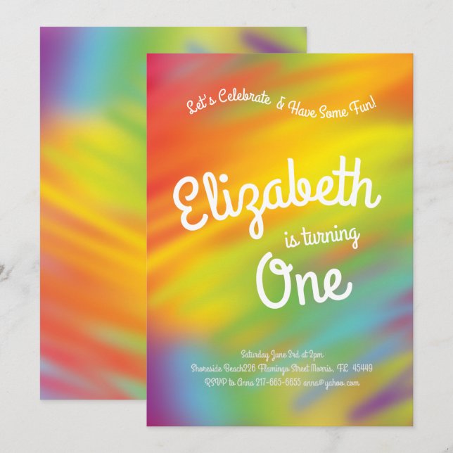 Invitation Rainbow Tie Dye 1er anniversaire pour les enfants (Devant / Derrière)