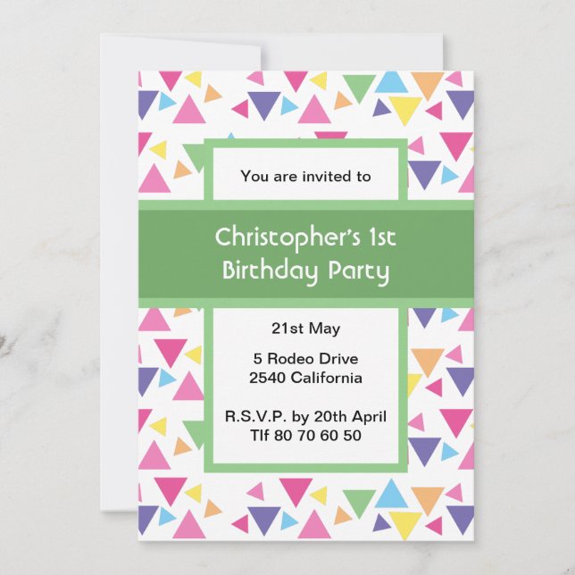 Invitation Rainbow Triangles 1st Birthday Green Party (Devant)