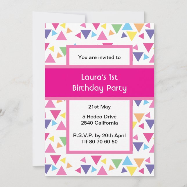 Invitation Rainbow Triangles 1st Birthday Party Pink (Devant)