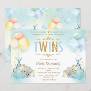 Invitation Rainbow Twin Boys Elephant Baby shower Sprinkl