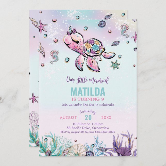 Invitation Rainbow Under the Sea Turtle Coral Birthday Party (Devant / Derrière)