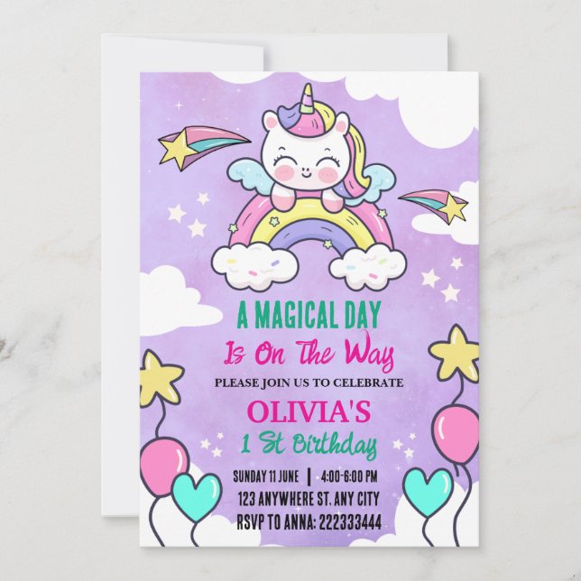 Invitation Rainbow Unicorn 1 st Birthday Party Girl (Devant)