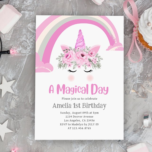Invitation Rainbow Unicorn 1er Anniversaire Pink (Rainbow Unicorn 1st Birthday Party Pink Invitation
)