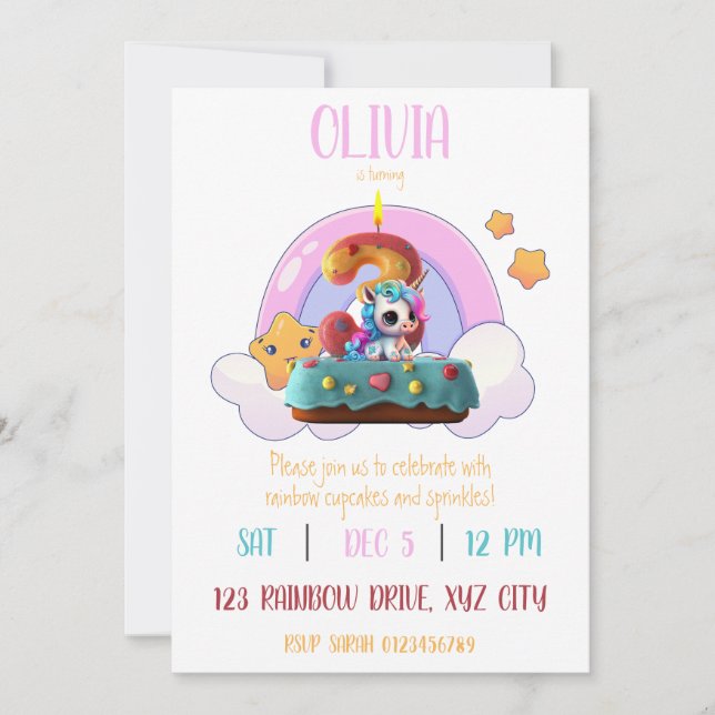Invitation Rainbow Unicorn 3e anniversaire fête Cupcake (Devant)
