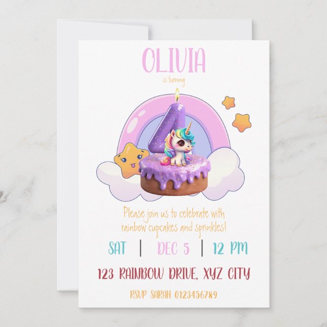 Invitation Rainbow Unicorn 4e anniversaire fête Cupcake (Devant)