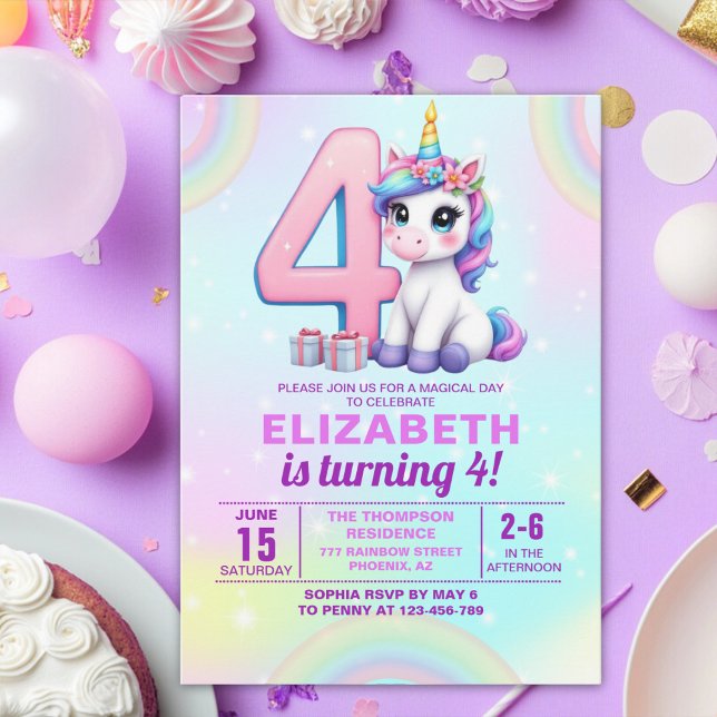 Invitation Rainbow Unicorn 4th Birthday for Girls” (Créateur téléchargé)