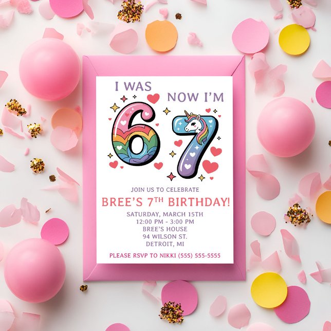 Invitation Rainbow Unicorn 67 Themed 7th Birthday Party (Créateur téléchargé)