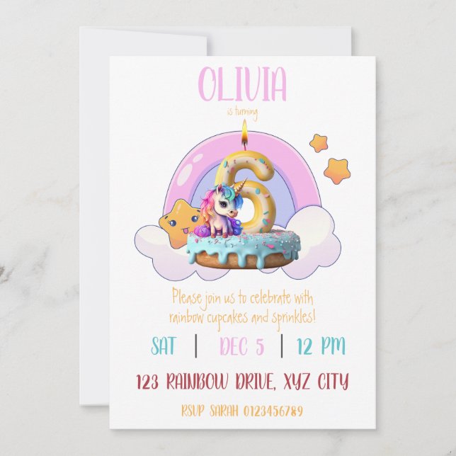 Invitation Rainbow Unicorn 6e fête d'anniversaire Cupcake (Devant)