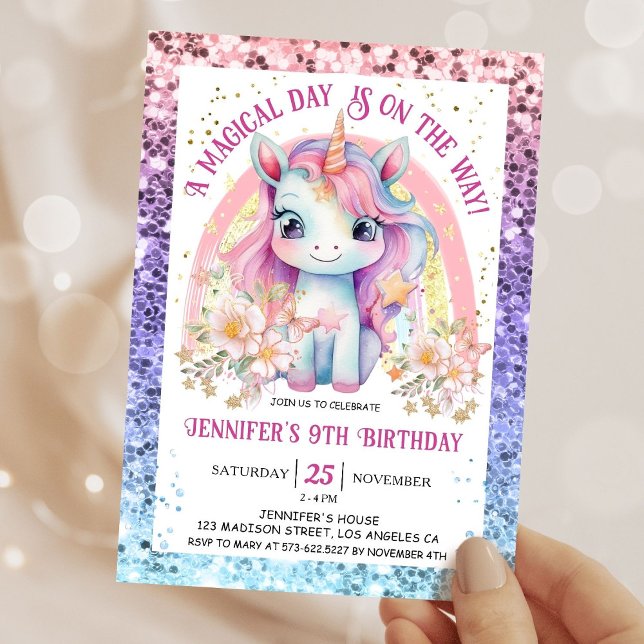 Invitation Rainbow Unicorn 9e anniversaire fille rose moderne (Créateur téléchargé)