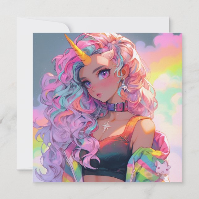 Invitation Rainbow Unicorn Anime Girl (Devant)