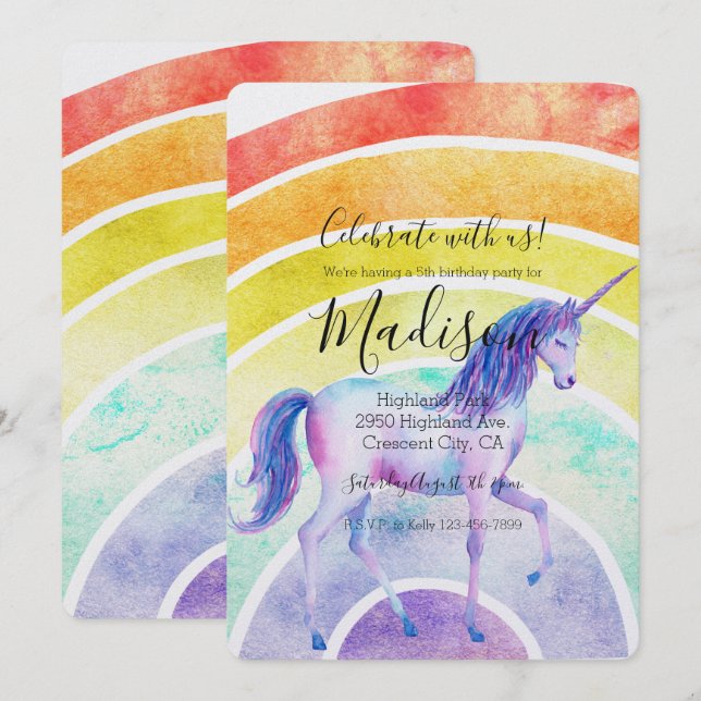 Invitation Rainbow Unicorn Anniversaire (Devant / Derrière)