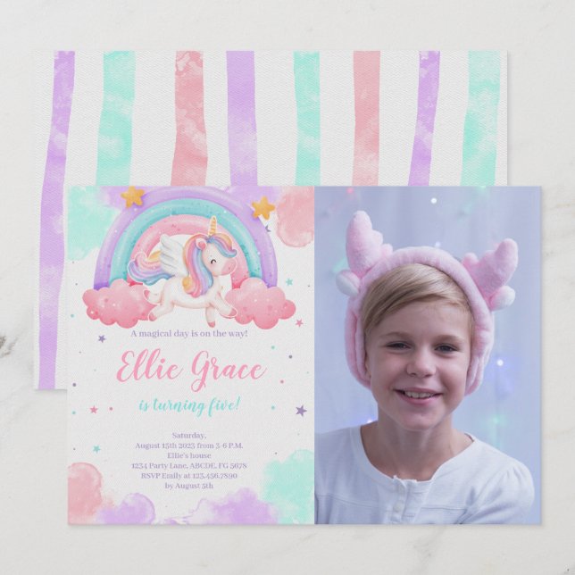 Invitation Rainbow Unicorn Anniversaire Magique Unicorn Photo (Devant / Derrière)