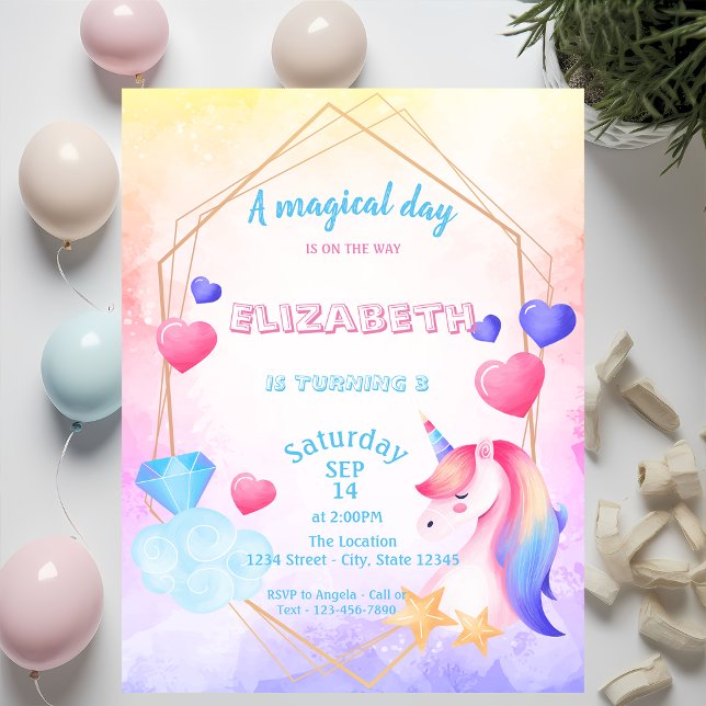 Invitation Rainbow Unicorn, Aquarelle Anniversaire (Créateur téléchargé)