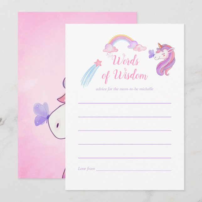 Invitation Rainbow Unicorn Baby Girl Douche Conseils maman (Devant / Derrière)