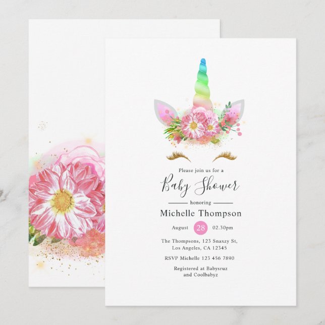 Invitation Rainbow Unicorn Baby shower fille (Devant / Derrière)
