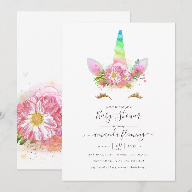 Invitation Rainbow Unicorn Baby shower fille (Devant / Derrière)