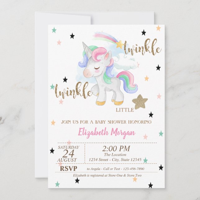 Invitation Rainbow Unicorn, Baby shower Twinkle Little Star (Devant)