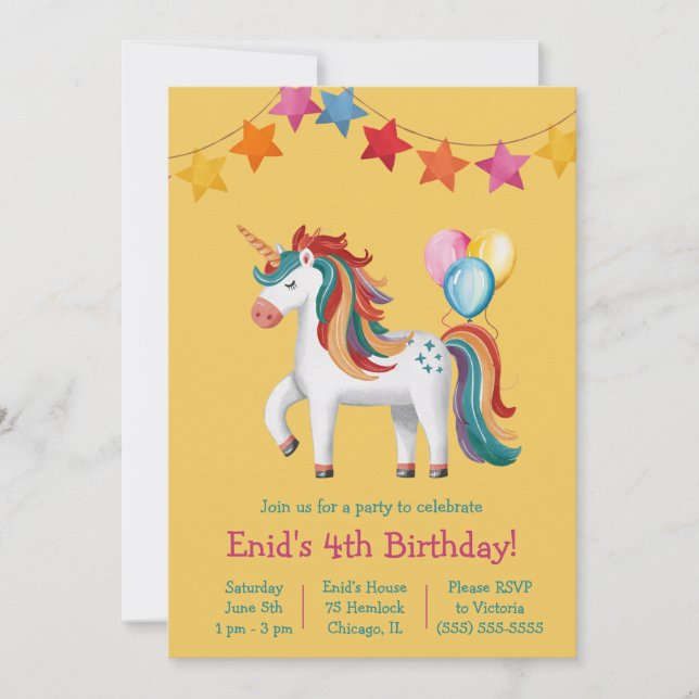 Invitation Rainbow Unicorn, Ballons & Bannière Anniversaire (Devant)
