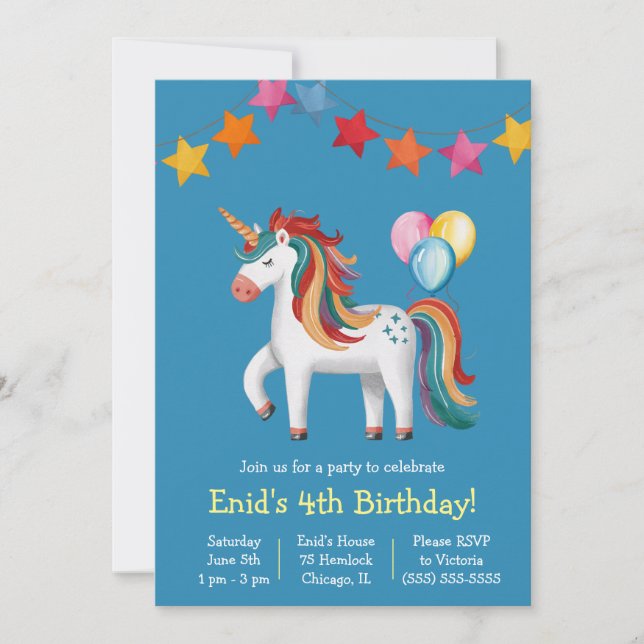 Invitation Rainbow Unicorn, Ballons & Bannière Anniversaire (Devant)