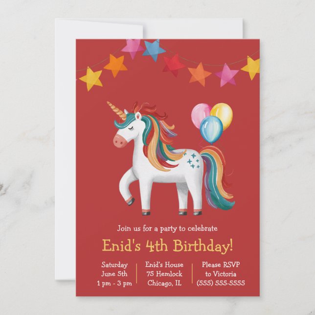 Invitation Rainbow Unicorn, Ballons & Bannière Anniversaire (Devant)