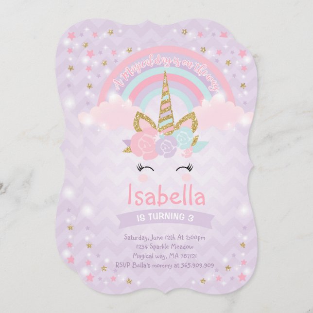 Invitation Rainbow Unicorn Birthday Pure Or (Devant / Derrière)