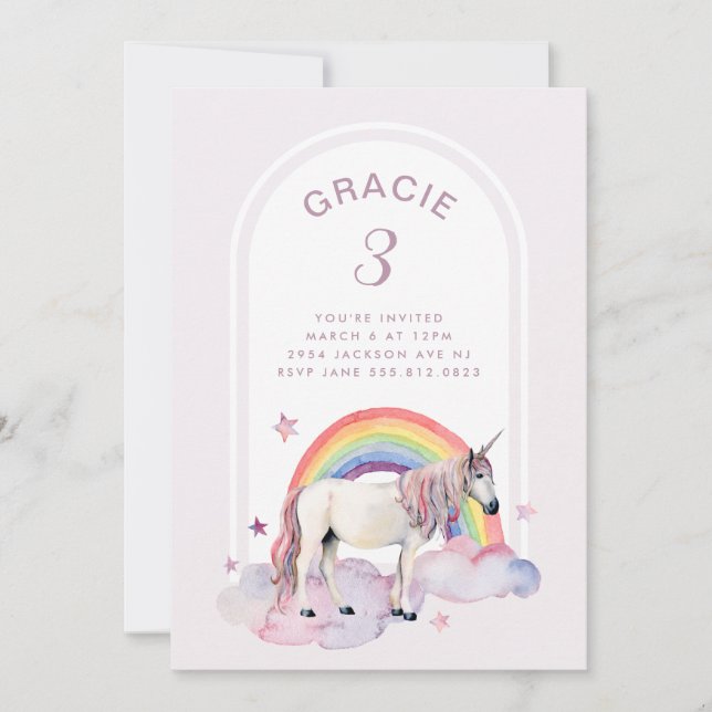 Invitation Rainbow Unicorn Boho Arch Fille de fête d'annivers (Devant)