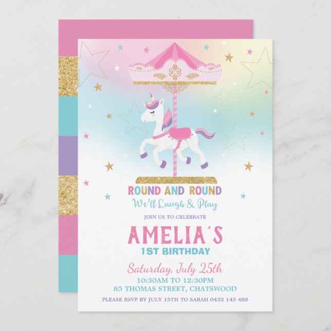 Invitation Rainbow Unicorn Carousel 1er anniversaire fille (Devant / Derrière)