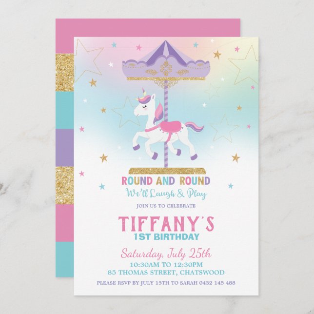 Invitation Rainbow Unicorn Carousel 1er anniversaire Parties  (Devant / Derrière)