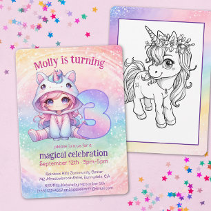 Invitation Rainbow Unicorn chibi fille 3e anniversaire