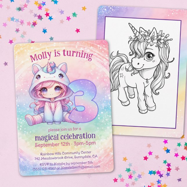 Invitation Rainbow Unicorn chibi fille 3e anniversaire (Créateur téléchargé)