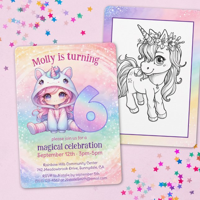 Invitation Rainbow Unicorn chibi girly 6e anniversaire (Créateur téléchargé)