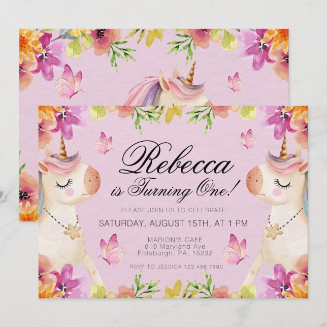 Invitation Rainbow Unicorn Filles d'anniversaire (Devant / Derrière)