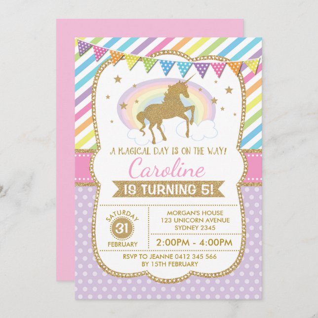 Invitation Rainbow Unicorn Invitation de fête d'an (Devant / Derrière)