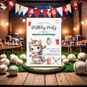 Invitation Rainbow Unicorn jouant au baseball 4e anniversaire