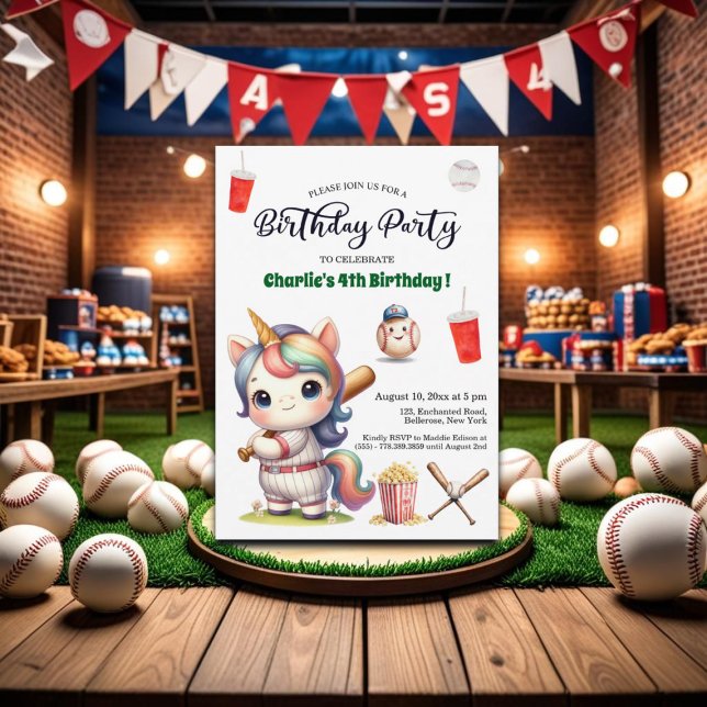 Invitation Rainbow Unicorn jouant au baseball 4e anniversaire (Créateur téléchargé)