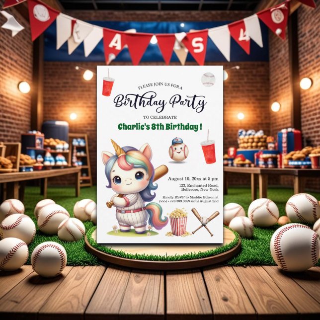 Invitation Rainbow Unicorn jouant au baseball 8e anniversaire (Créateur téléchargé)