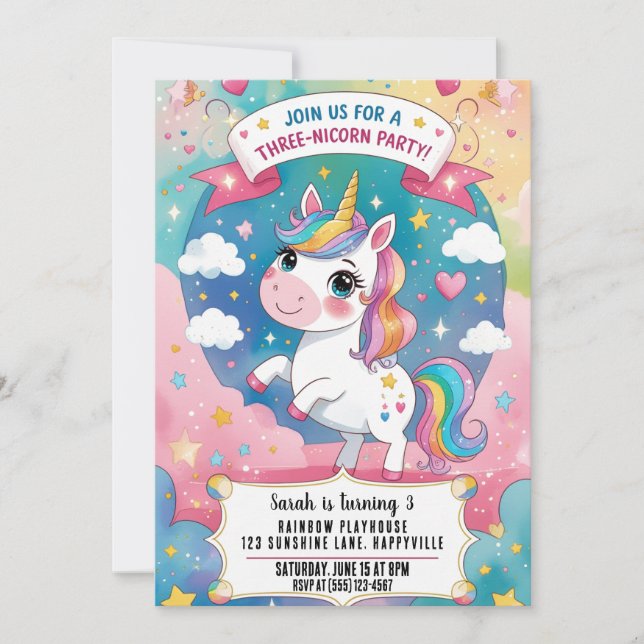 Invitation Rainbow Unicorn Magique 3ème anniversaire Unicorn (Devant)