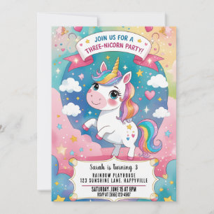Invitation Rainbow Unicorn Magique 3ème anniversaire Unicorn